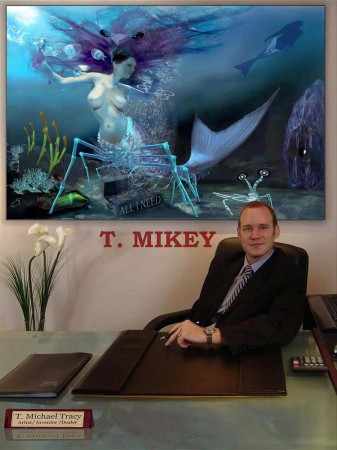 T. Michael Tracy infront of "The Mantis Shrimp Mermaid"